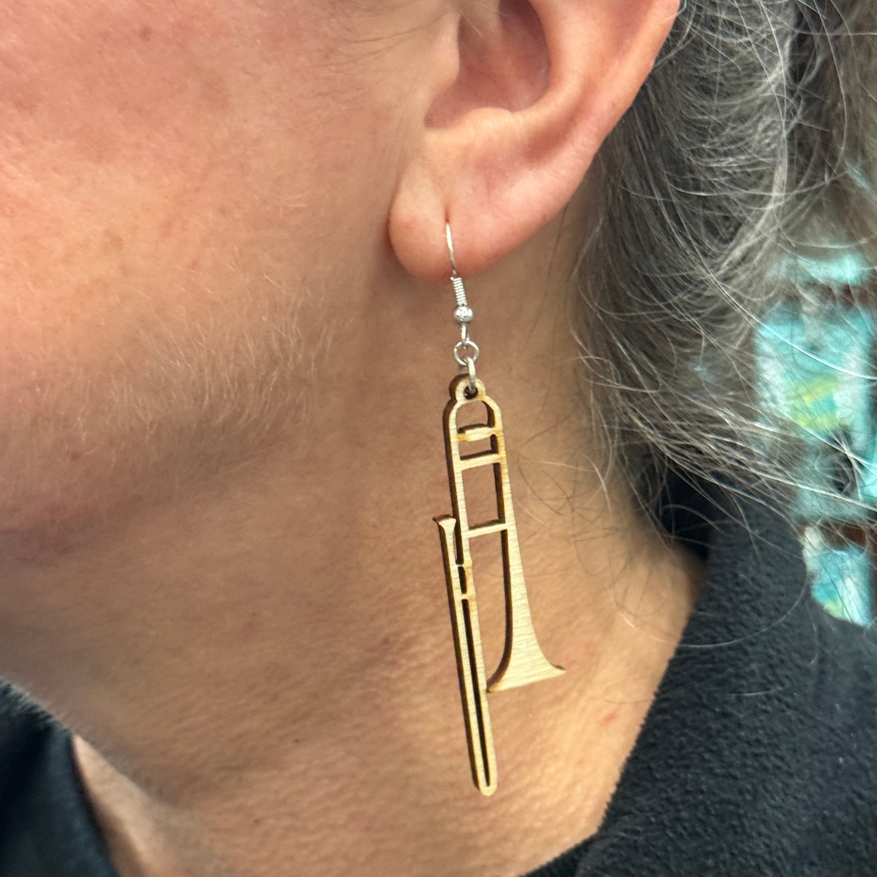 Trombone Wooden Dangle Earrings | Band Instrument Jewelry detail view by Cate's Concepts, LLC