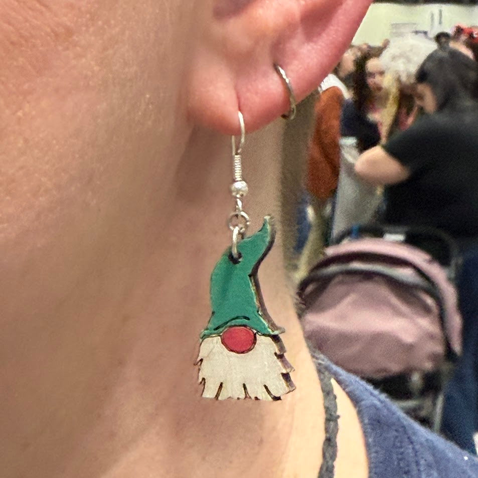Garden Gnome Wooden Dangle Earrings | Whimsical Nature Jewelry detail view by Cate's Concepts, LLC