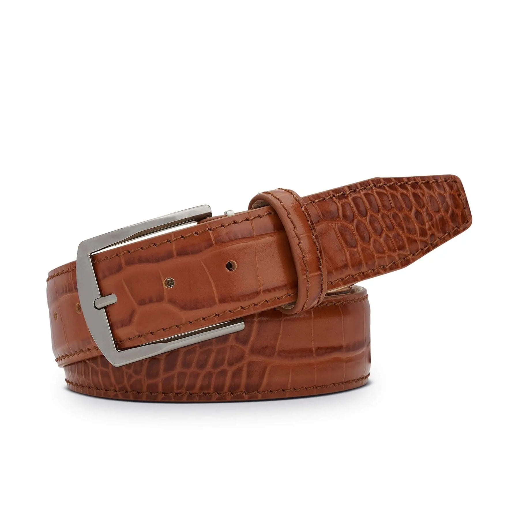 Cognac Mock Croc Leather Belt by Roger Ximenez: Bespoke Belts and Leather Accessories, handmade leather goods detail photo 2