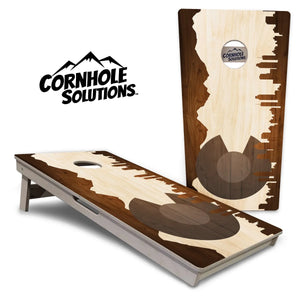 Colorado Natural Wood Skyline Cornhole Boards - Professional Tournament Series by Cornhole Solutions, custom cornhole board main product photo