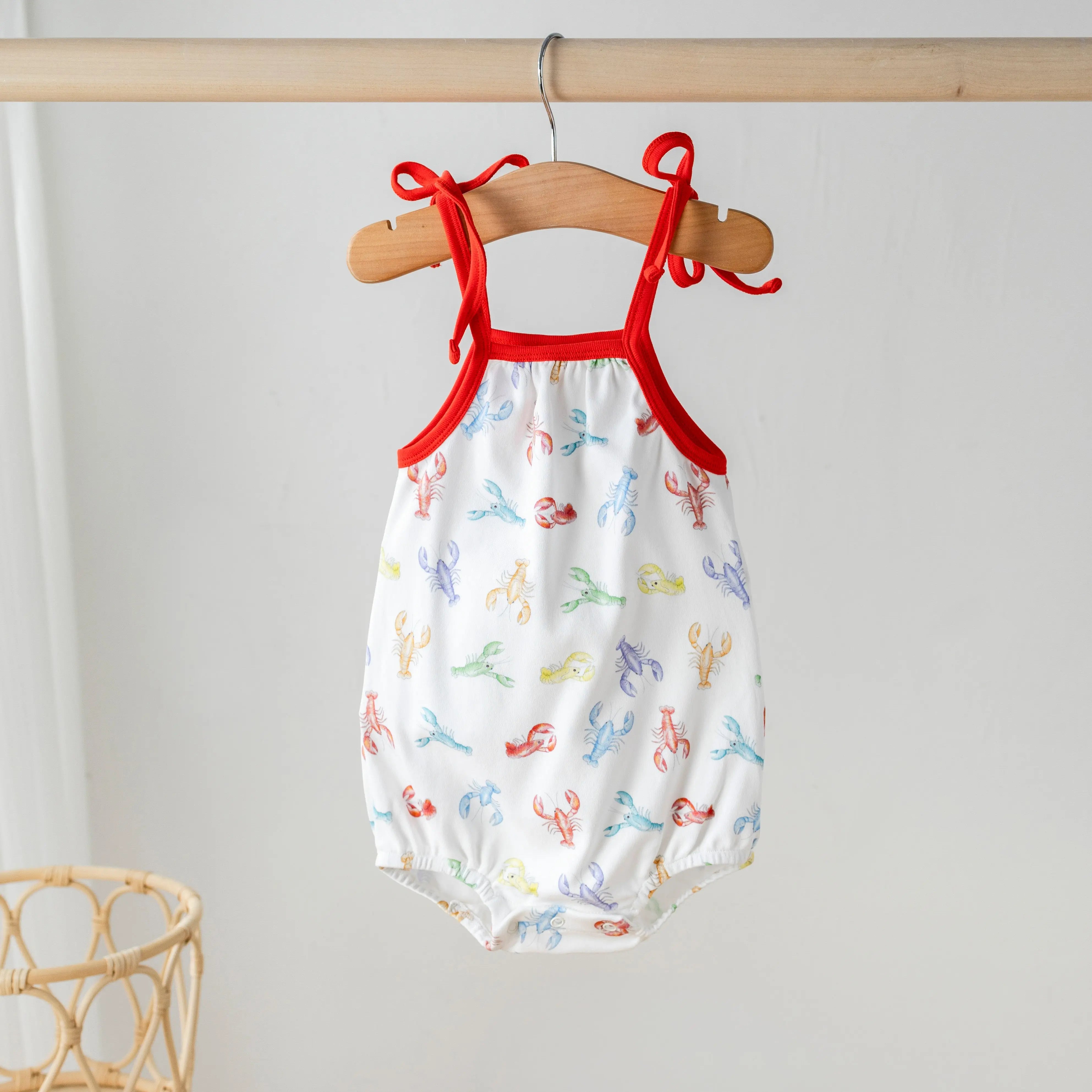 Colorful Claws Organic Cotton Crawfish Shoulder-Tie Onesie by Nola Tawk, Southern lifestyle apparel main product photo