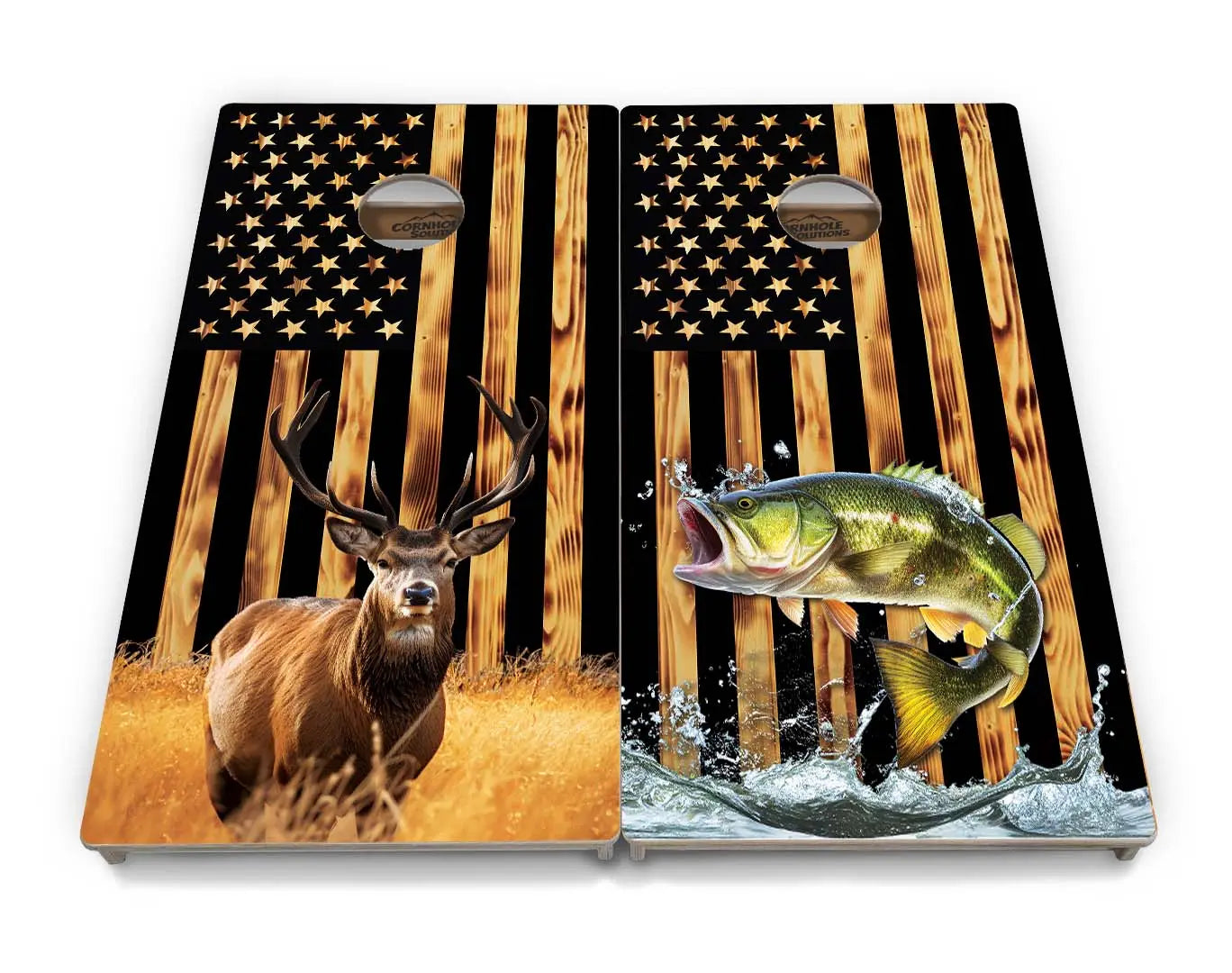 Colorful Deer & Fish Cornhole Boards - Professional Tournament Series by Cornhole Solutions, custom cornhole board main product photo