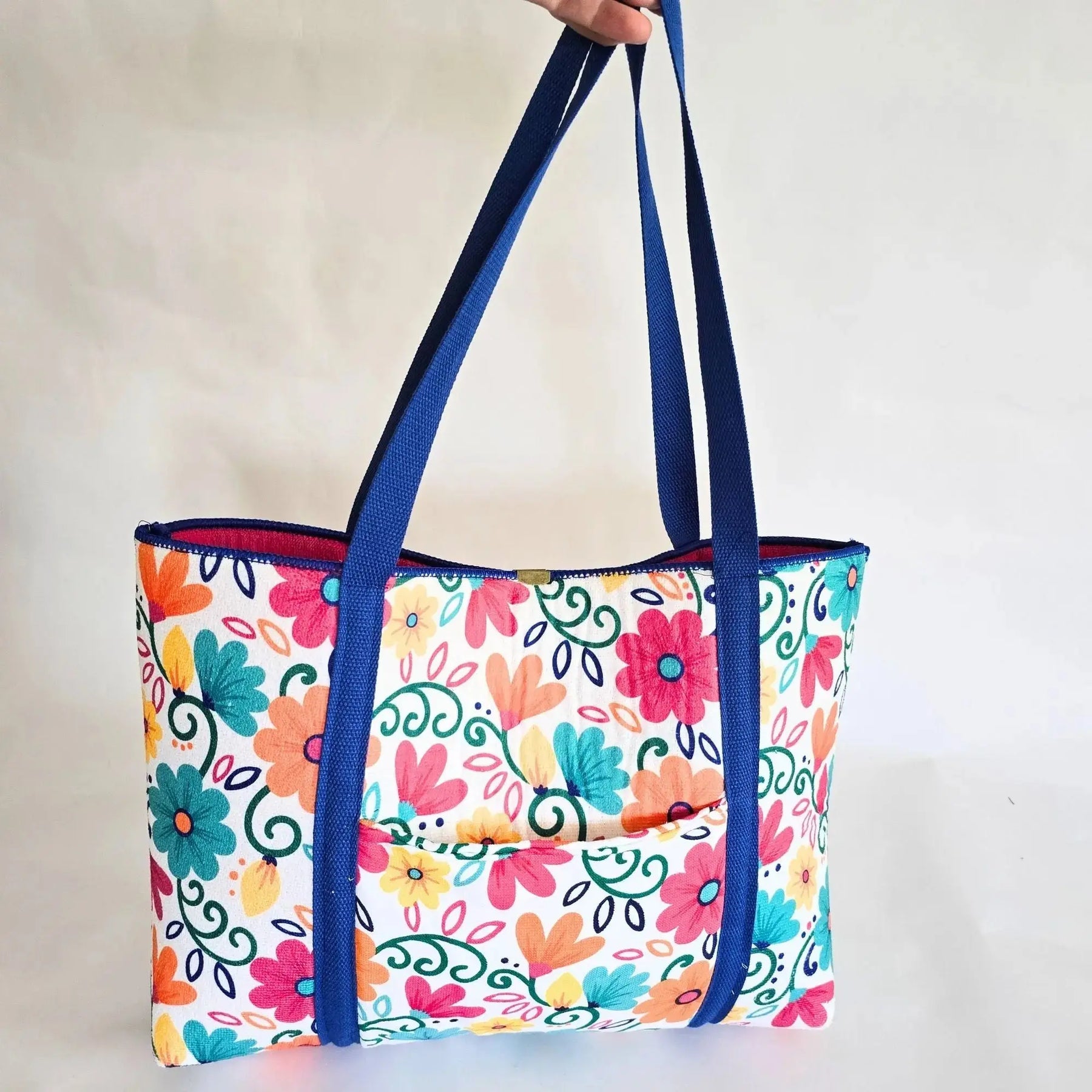 Colorful Floral Tote Bag, Bright Summer Shoulder Bag, Handmade Market Tote with Pockets, Teacher Tote, Beach Bag, Everyday Carryall by Maypop House Designs, Southern food gift