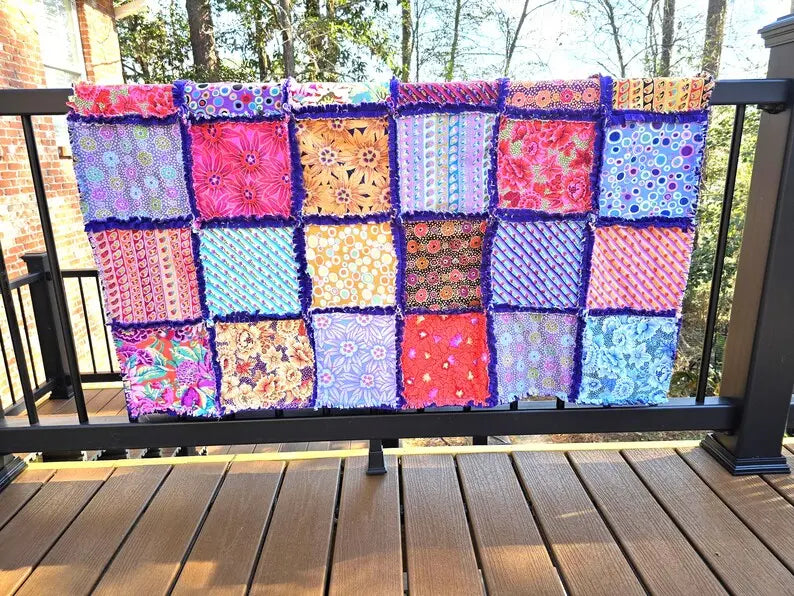 Colorful Rag Quilt Throw, Cotton Patchwork Lap Quilt with Soft Fleece Backing, Handmade Boho Couch Blanket, Bright Scrap Quilt Gift by Maypop House Designs, blankets detail photo 2