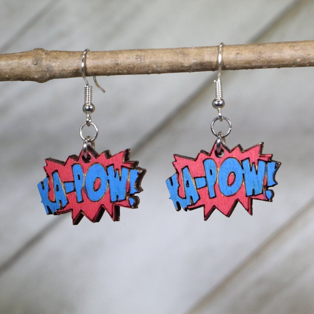 Comic KA-POW Sound Effect Wooden Dangle Earrings | Pop Art Jewelry by Cate's Concepts, LLC