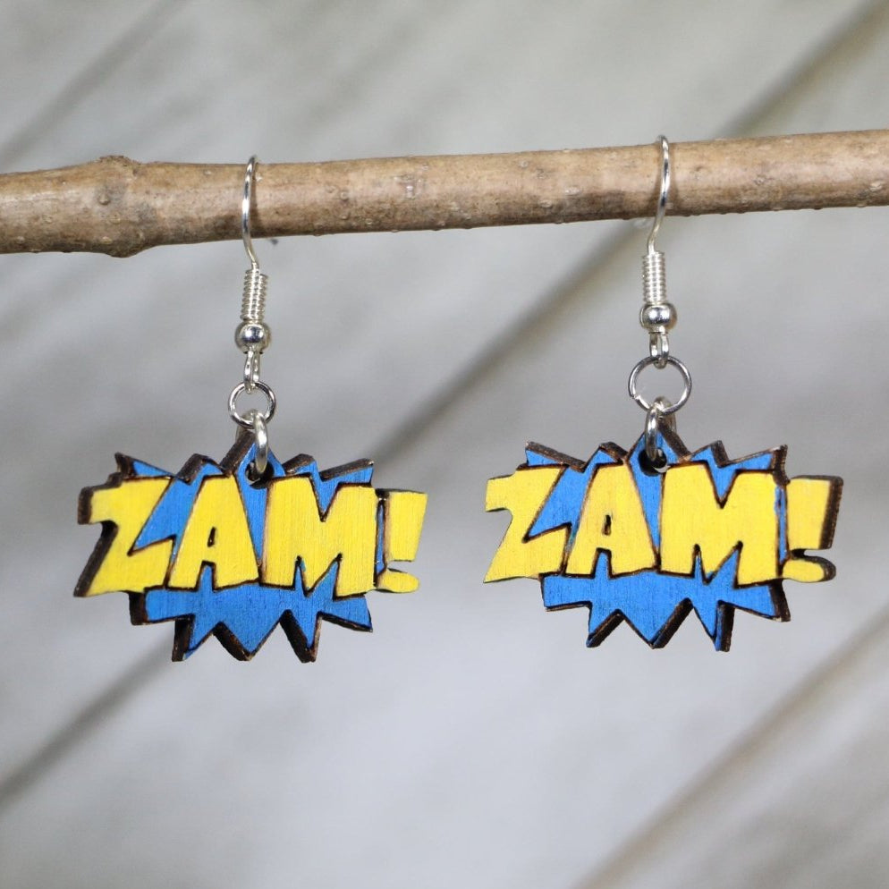 Comic ZAM Sound Effect Wooden Dangle Earrings | Pop Art Jewelry by Cate's Concepts, LLC