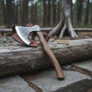 Norse Pattern Acid Etched Bushcraft Belt Viking Bearded Axe with Leather Carry Sheath by JW SteelCrafts, leather knife sheath main product photo