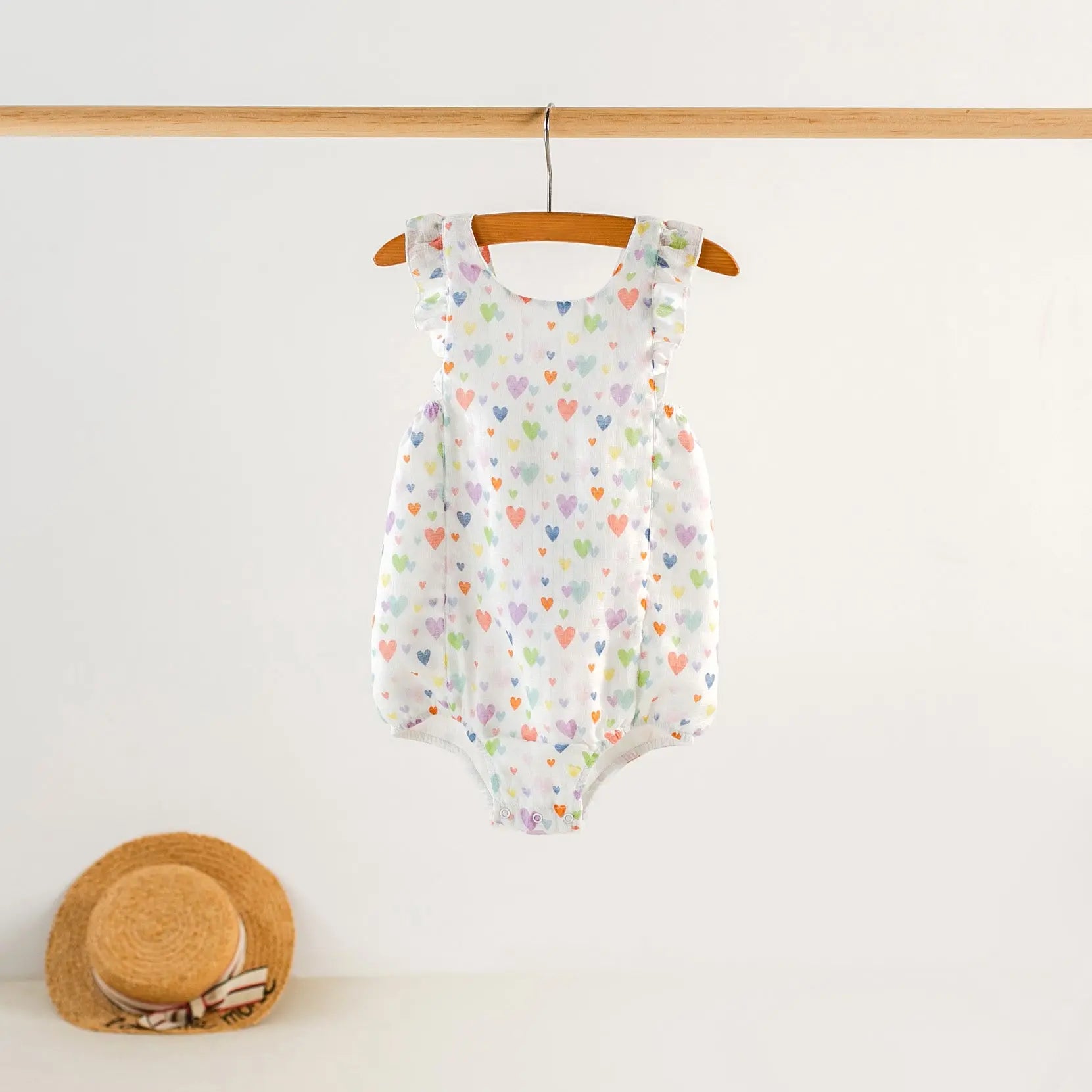 Confetti Hearts Organic Muslin Bubble Romper by Nola Tawk, Southern lifestyle apparel main product photo