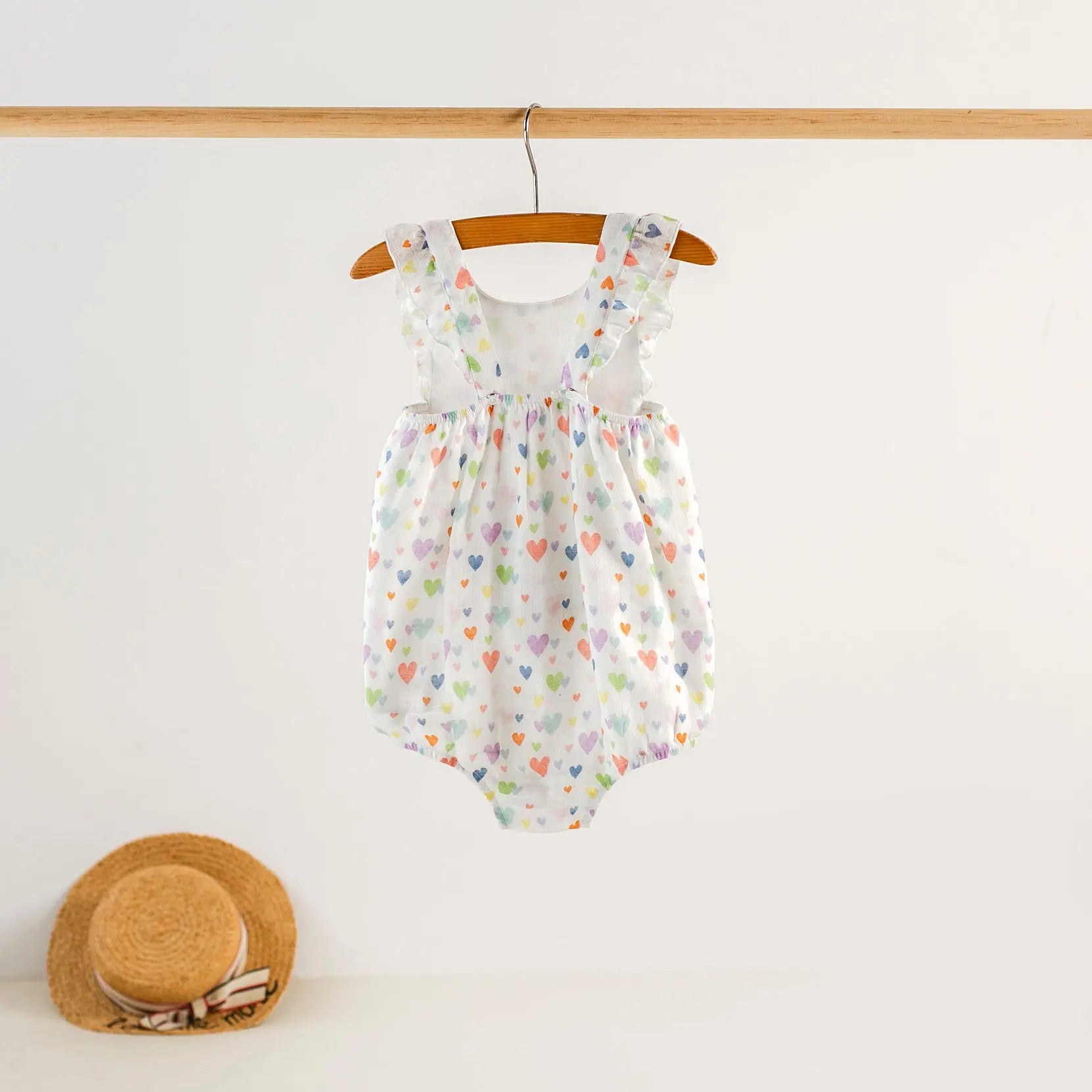 Confetti Hearts Organic Muslin Bubble Romper by Nola Tawk, Southern lifestyle apparel detail photo 2