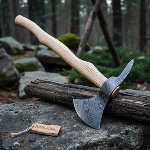 Damascus Camping Axe with 22 Inch Ash Handle – Hand Forged Bushcraft Axe with Leather Sheath | JW SteelCrafts by JW SteelCrafts, leather knife sheath detail photo 2