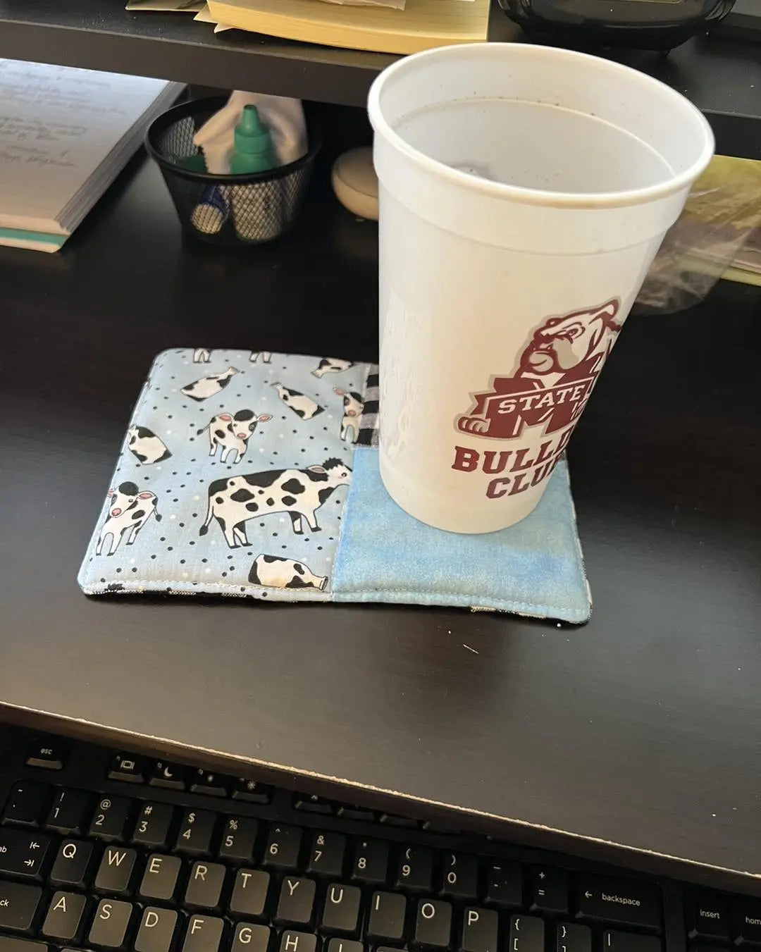 Cow mug rug by East Mississippi Creations, custom drinkware detail photo 2
