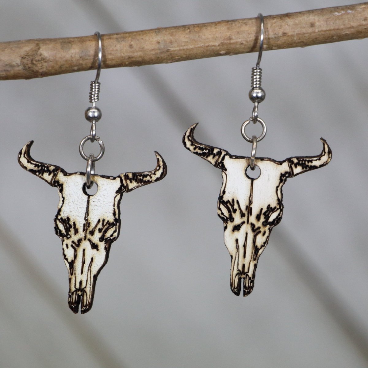 Cow Skull Wooden Dangle Earrings | Western Boho Jewelry detail view by Cate's Concepts, LLC