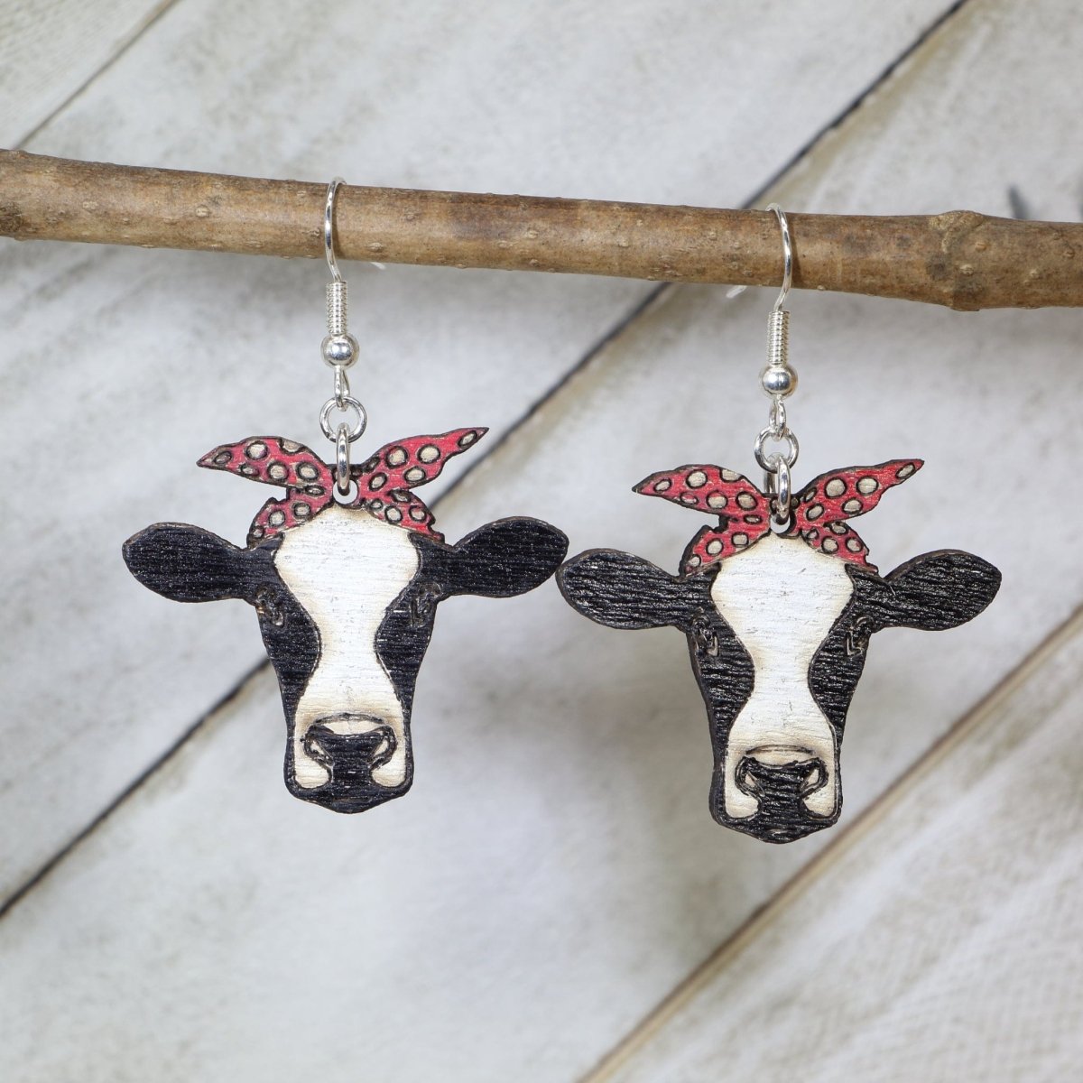 Cow with Scarf Wooden Earrings | Cute Farm Animal Jewelry detail view by Cate's Concepts, LLC