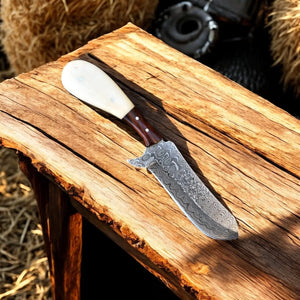 Cowboy Knife with Sheath | Rustic Summer Handmade Damascus Knife by Damascus Knife Store, leather knife sheath main product photo