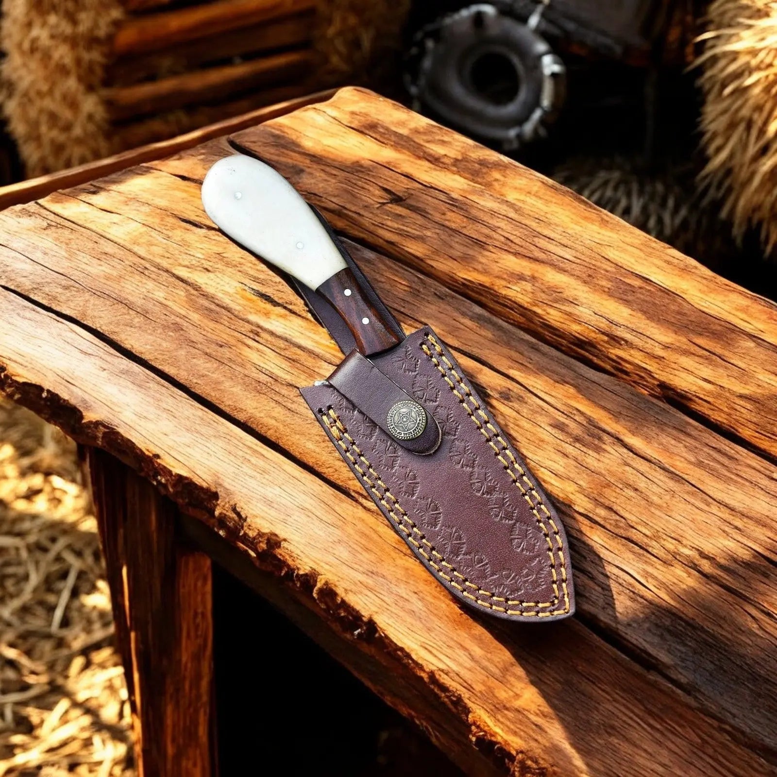 Cowboy Knife with Sheath | Rustic Summer Handmade Damascus Knife by Damascus Knife Store, leather knife sheath detail photo 4