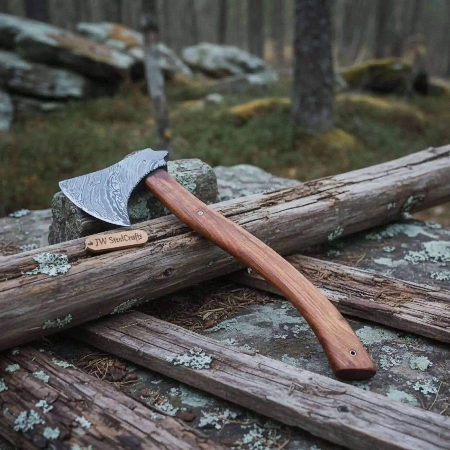 Hand Forged Bushcraft Chopping Axe, Damascus Blade + Ergonomic Curved Handle by JW SteelCrafts, Southern handmade gift detail photo 2