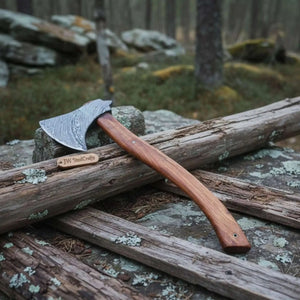 Hand Forged Bushcraft Chopping Axe, Damascus Blade + Ergonomic Curved Handle by JW SteelCrafts, Southern handmade gift detail photo 2