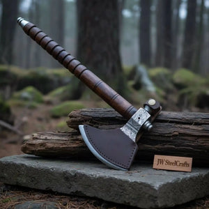 Hand Forged Damascus Smoking Axe with Ringed Hardwood Handle and Leather Sheath | JW SteelCrafts detail view by JW