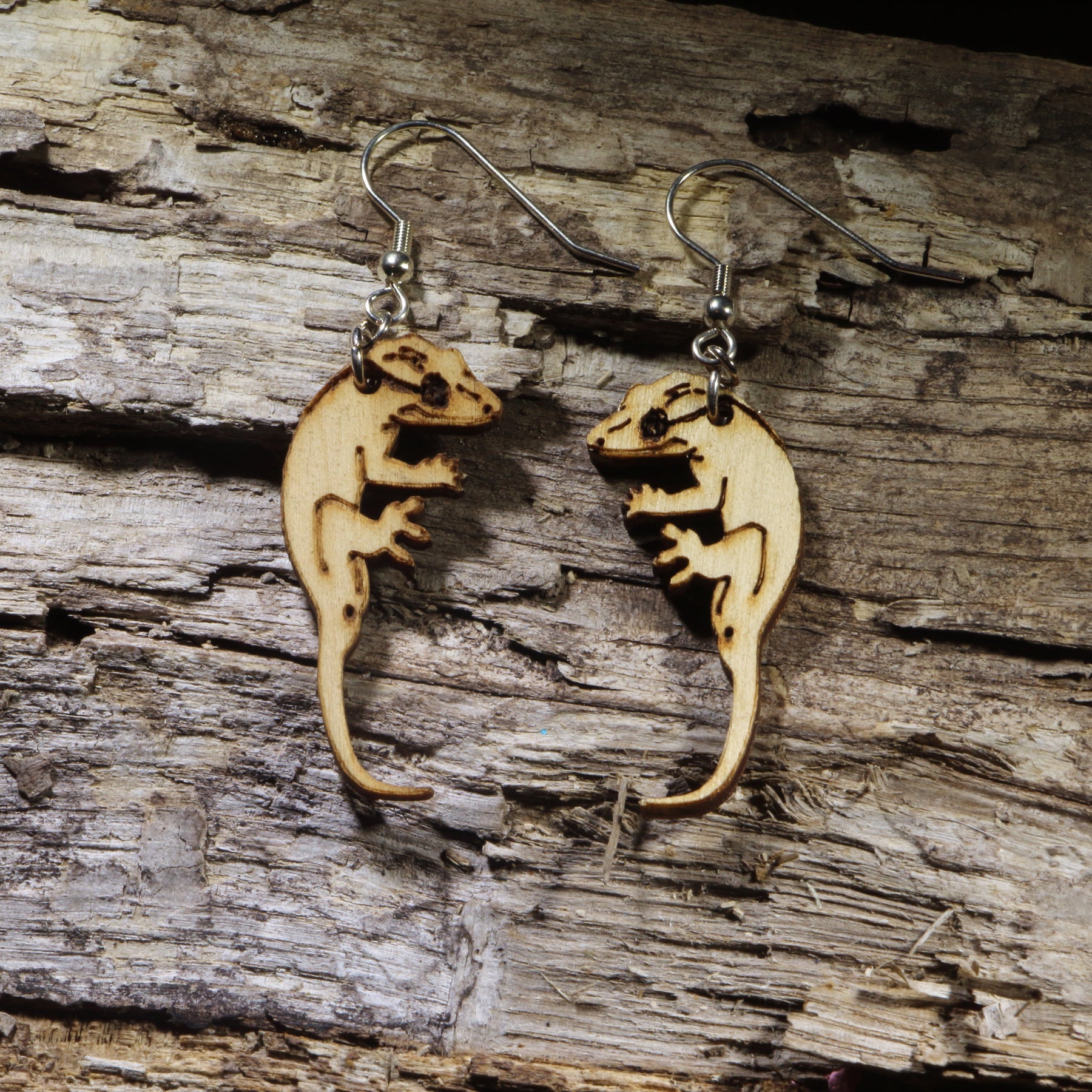 Crested Gecko Wooden Dangle Earrings | Realistic Lizard Jewelry by Cate's Concepts, LLC