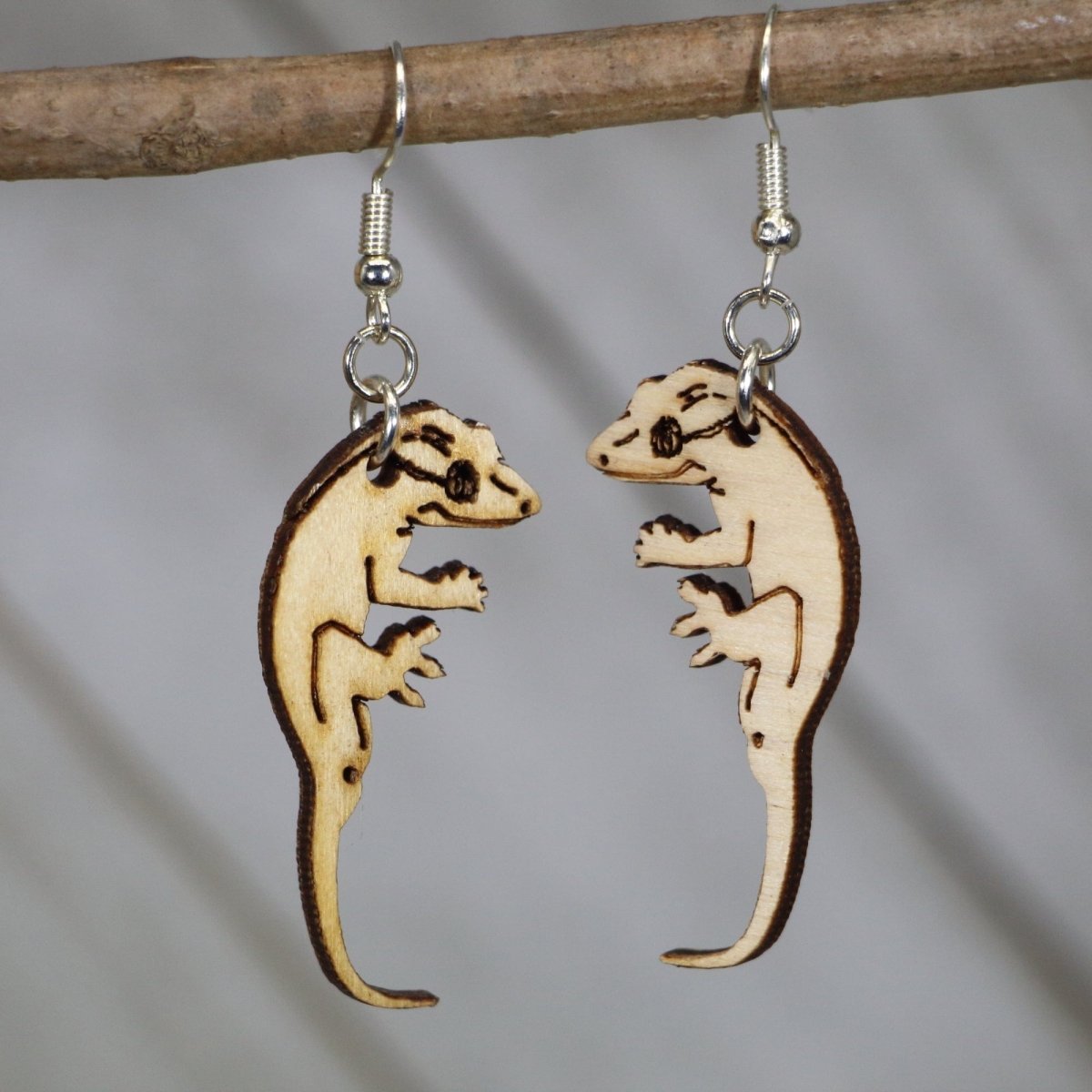 Crested Gecko Wooden Dangle Earrings | Realistic Lizard Jewelry detail view by Cate's Concepts, LLC