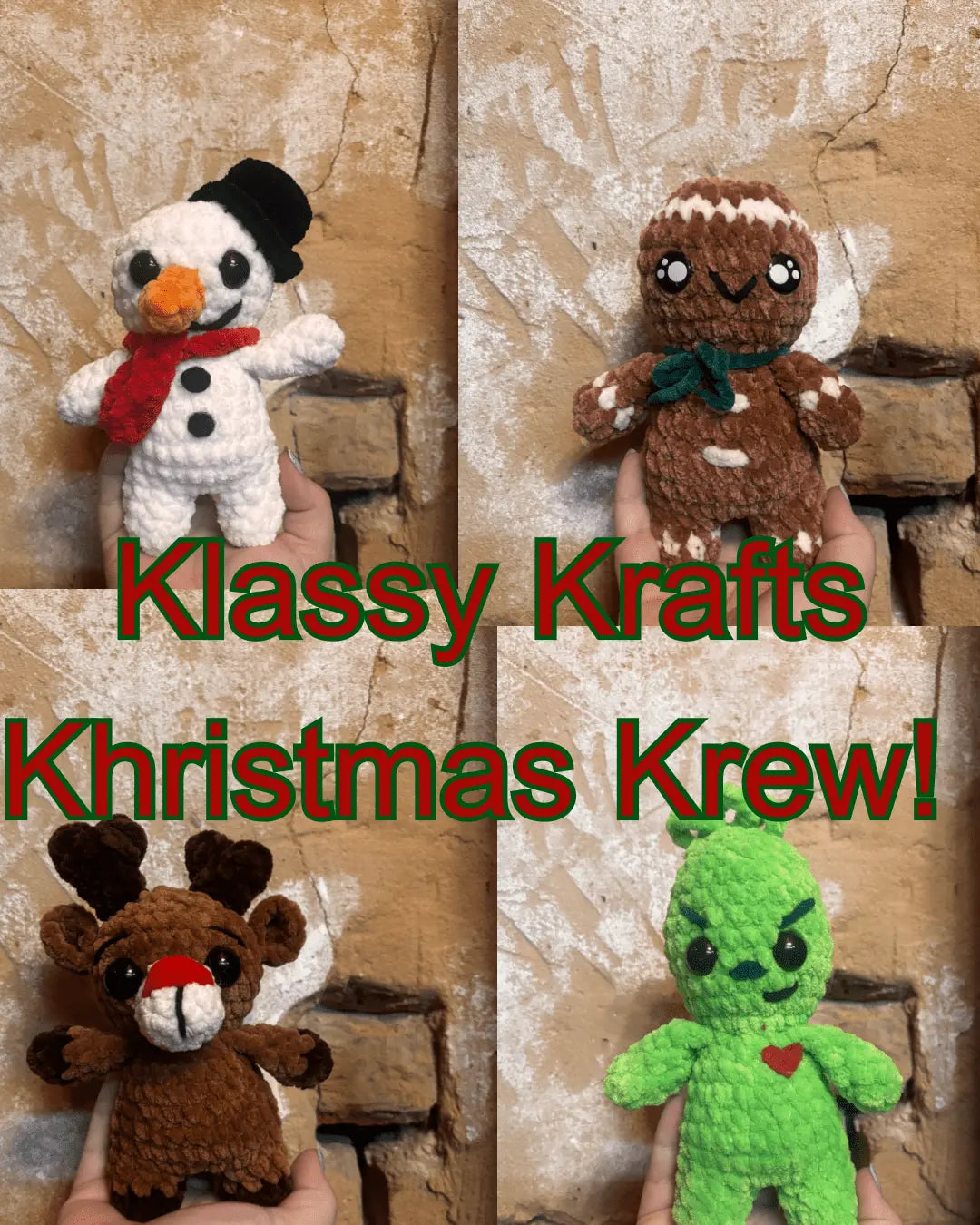 Crocheted Christmas Set Featuring: Gingerbread man, Reindeer, Mr. Snowman, and Grinch by Klassy Krafts, handmade jewelry detail photo 5