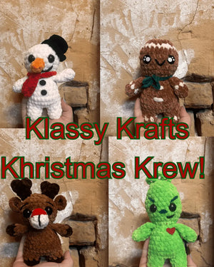 Crocheted Christmas Set Featuring: Gingerbread man, Reindeer, Mr. Snowman, and Grinch by Klassy Krafts, handmade jewelry detail photo 5