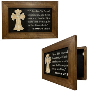 Decorative Gun Cabinet Wall-Mounted & Secure with a Cross and Exodus 22:2 - Gun safe To Securely Store Your Gun & Home Self Defense Gear by Bellewood Designs, Southern home decor