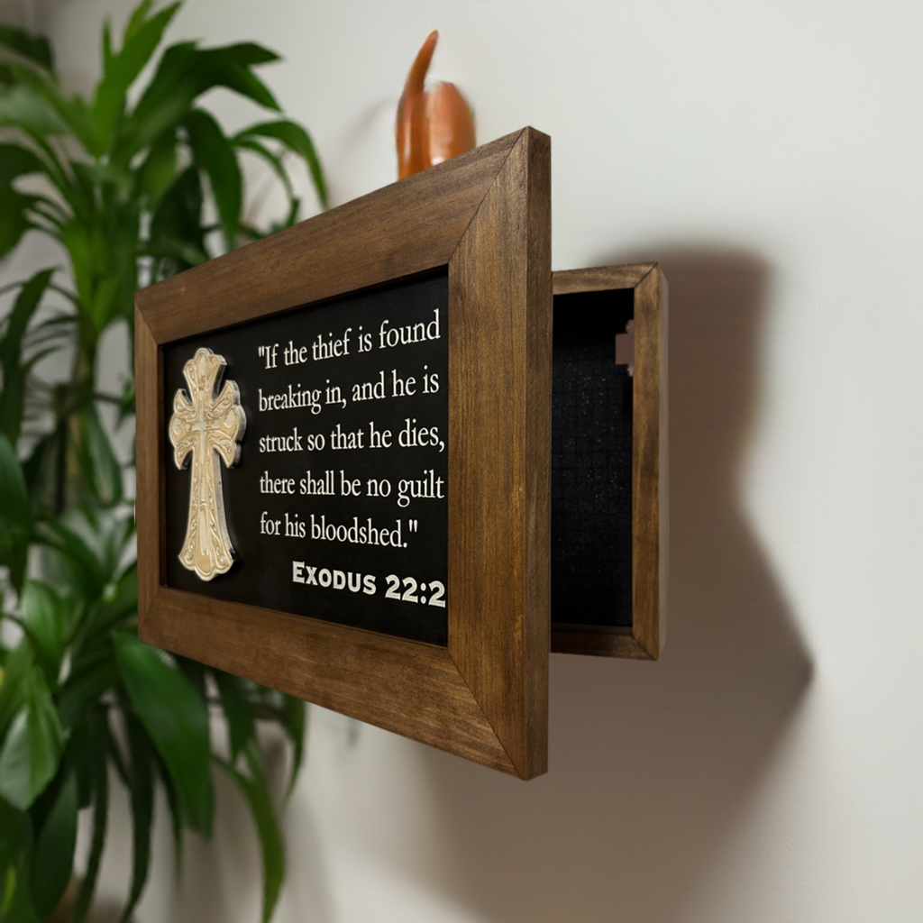 Decorative Gun Cabinet Wall-Mounted & Secure with a Cross and Exodus 22:2 - Gun safe To Securely Store Your Gun & Home Self Defense Gear by Bellewood Designs, Southern home decor