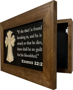 Decorative Gun Cabinet Wall-Mounted & Secure with a Cross and Exodus 22:2 - Gun safe To Securely Store Your Gun & Home Self Defense Gear by Bellewood Designs, Southern home decor