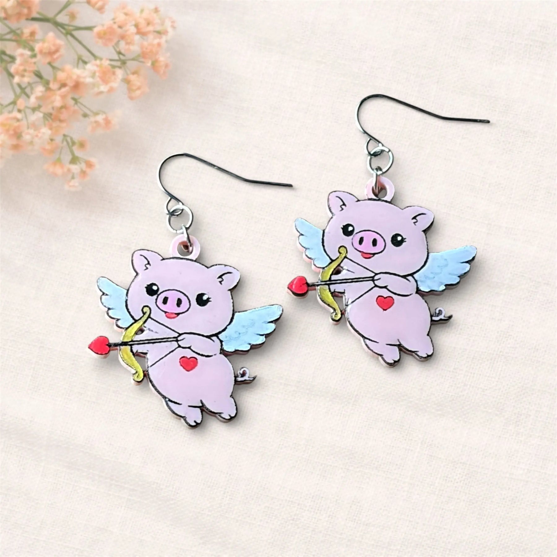 Cupid Pig Valentine Acrylic Earrings by Poor Hog Customs, custom drinkware main product photo