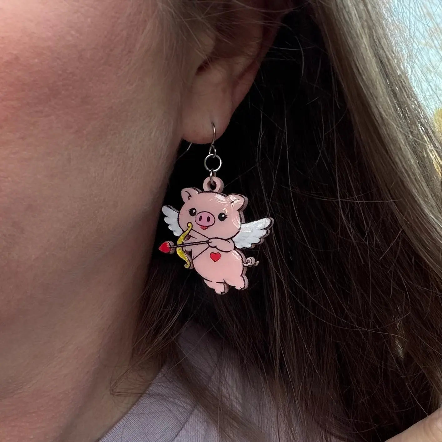 Cupid Pig Valentine Acrylic Earrings by Poor Hog Customs, custom drinkware detail photo 2