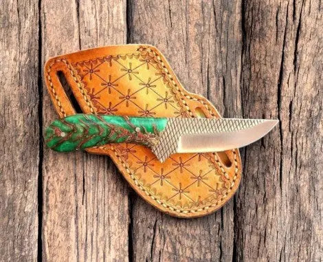 Custom Belt Knife with Rasp Steel & Pine-Cone Handle by Damascus Knife Store, Damascus knife main product photo