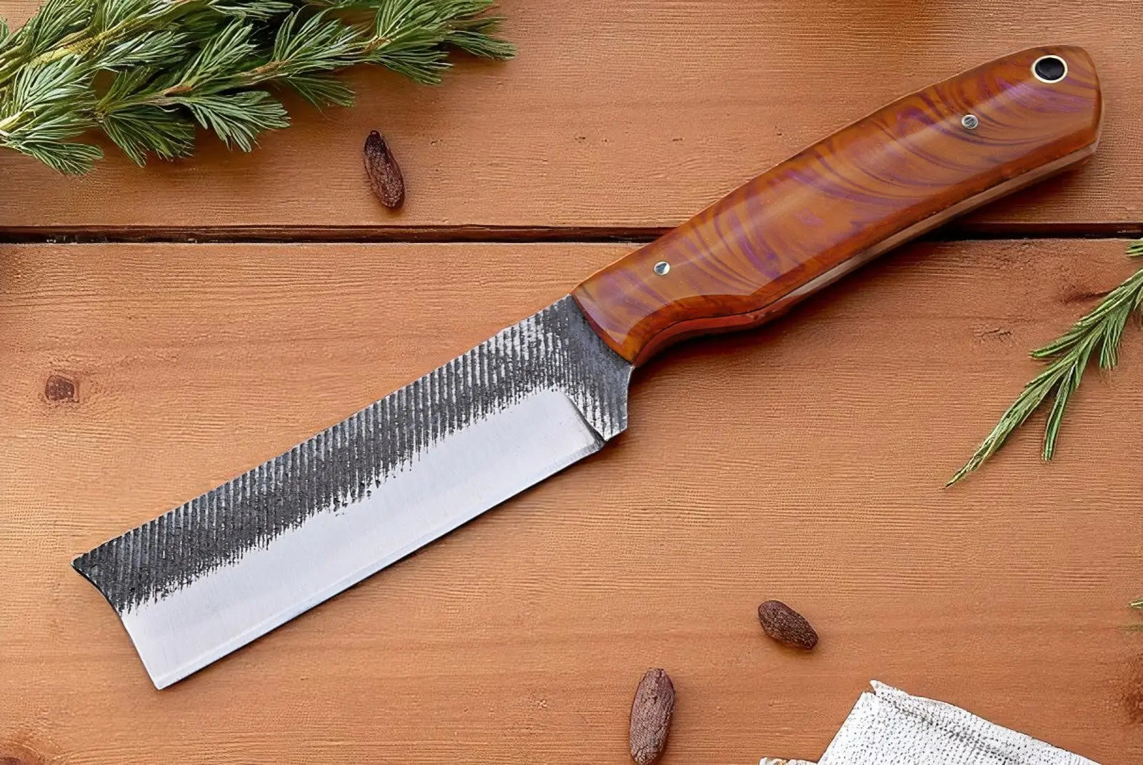 Custom Bull Cutter Knife | Leather Sheath by Damascus Knife Store, leather knife sheath main product photo