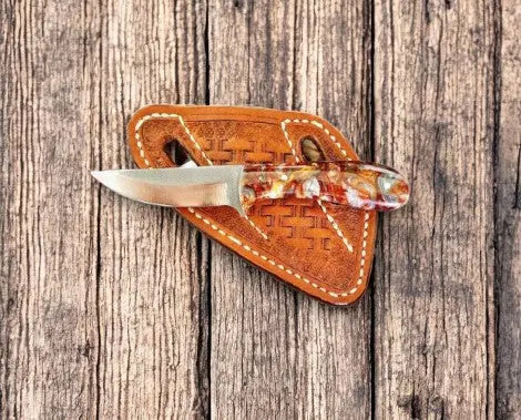 Custom Cowboy Knife with Epoxy Handle & Sheath by Damascus Knife Store, leather knife sheath main product photo