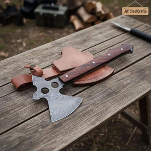 Full-Tang Damascus Camping Axe with Rosewood Handle Scales, Skeletonized Spine & Leather Sheath | JW SteelCrafts by JW SteelCrafts, leather knife sheath main product photo