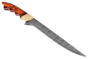Handmade Damascus Steel Fillet Fishing Knife — Exotic Wood & Brass Bolster Handle