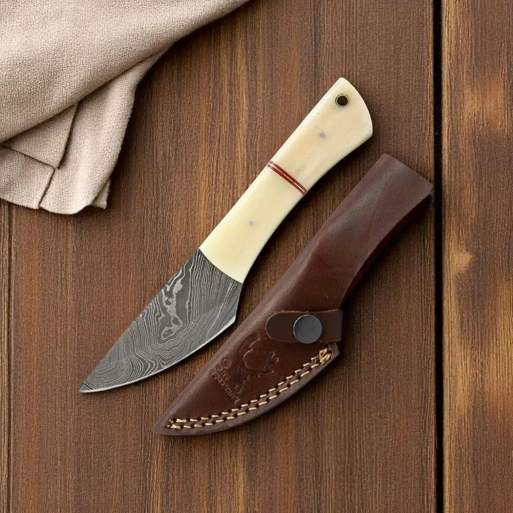 Custom Handmade Bone Handle Damascus Hunting Knife by Damascus Knife Store, Damascus knife main product photo