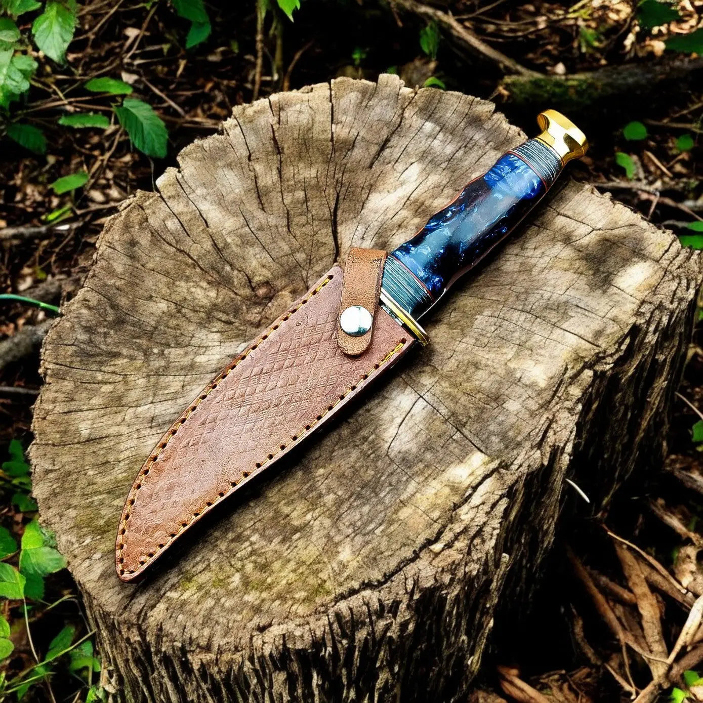 Custom Handmade Bowie Knife - 12" Damascus Steel Blade with Leather Sheath by Damascus Knife Store, leather knife sheath detail photo 2