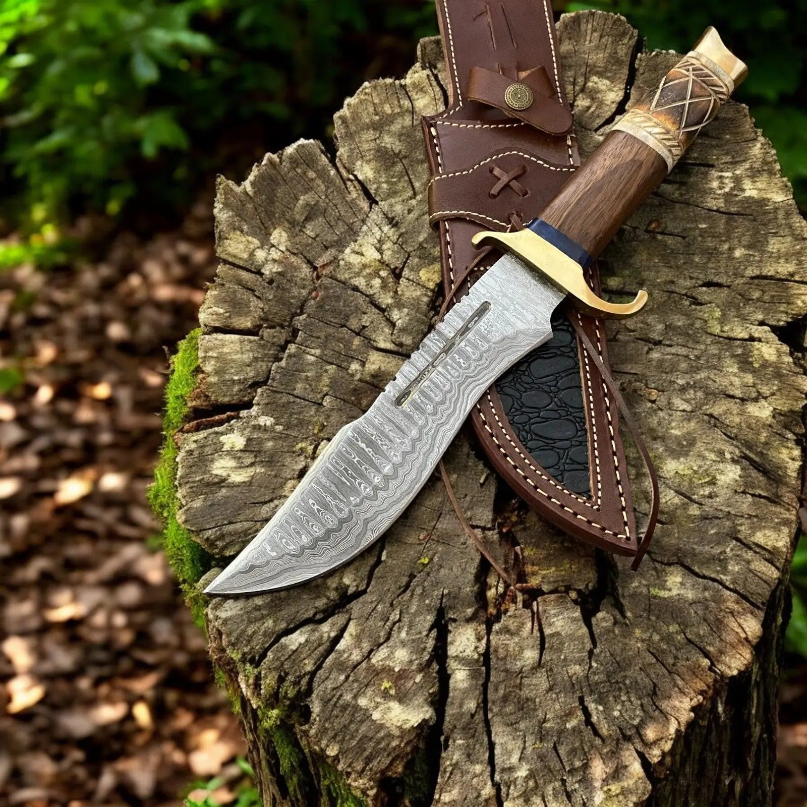 Custom Handmade Bowie Knife - 14" Damascus Steel Blade, Rosewood & Bone Handle by Damascus Knife Store, Damascus knife main product photo