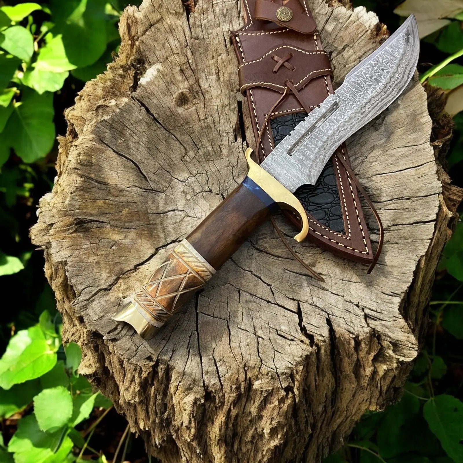 Custom Handmade Bowie Knife - 14" Damascus Steel Blade, Rosewood & Bone Handle by Damascus Knife Store, Damascus knife detail photo 3
