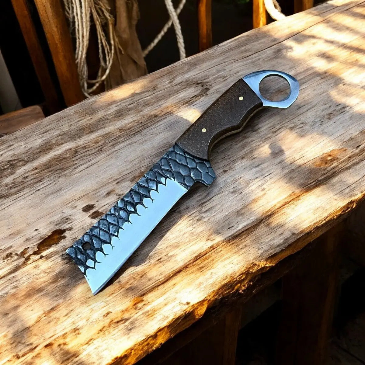 Custom Handmade Bull Cutter Knife – Rasp Tool Steel Blade by Damascus Knife Store, Damascus knife detail photo 2
