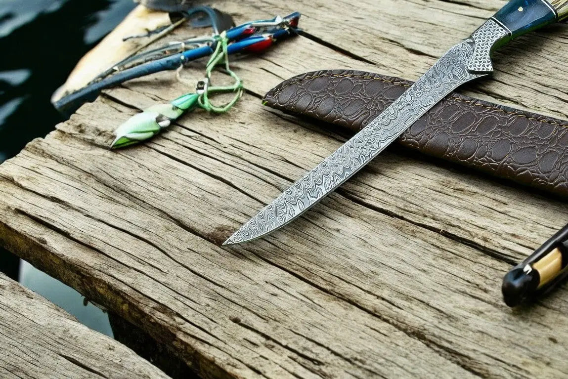 Custom Handmade Damascus Fillet Knife – 12.5” with Leather Sheath by Damascus Knife Store, leather knife sheath detail photo 2