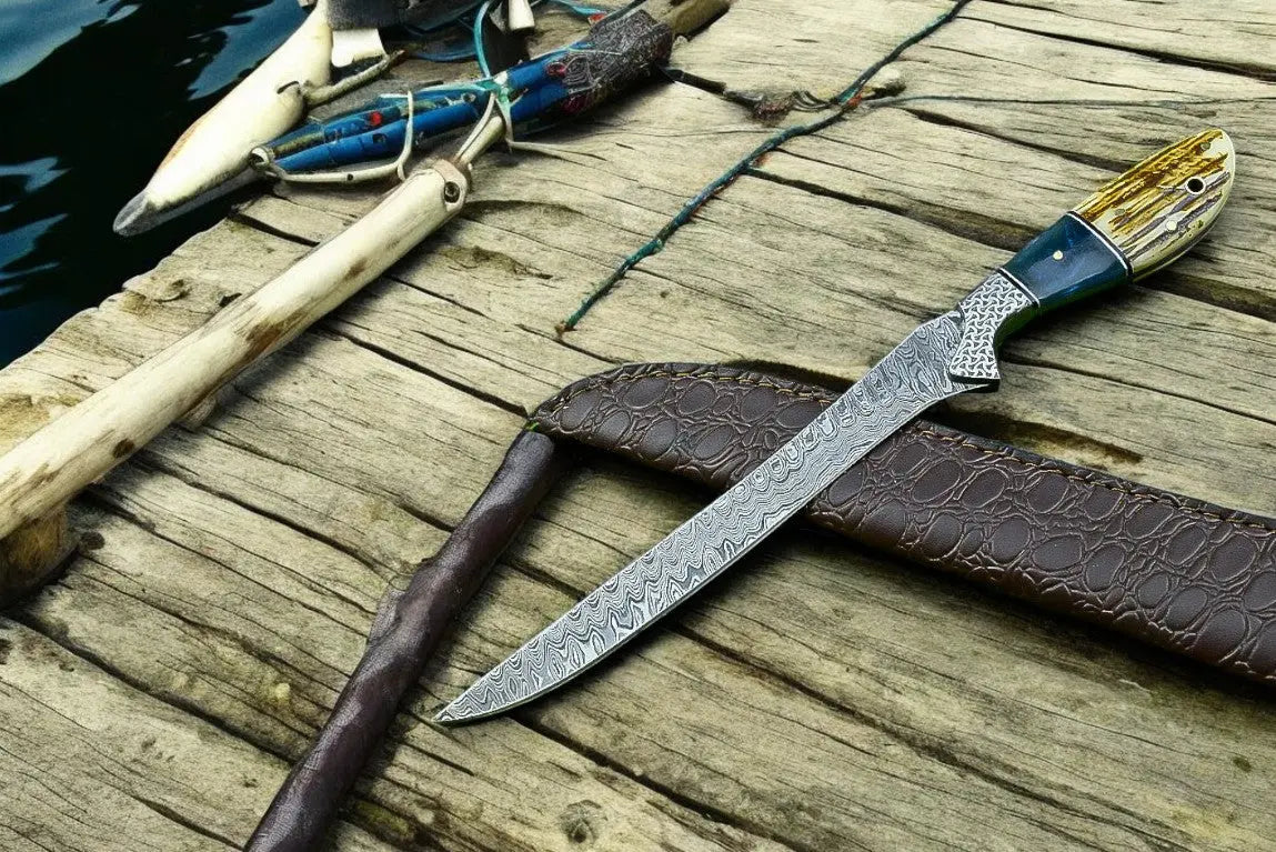 Custom Handmade Damascus Fillet Knife – 12.5” with Leather Sheath by Damascus Knife Store, leather knife sheath detail photo 3