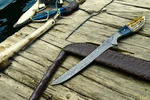 Custom Handmade Damascus Fillet Knife – 12.5” with Leather Sheath by Damascus Knife Store, leather knife sheath detail photo 3