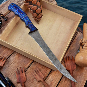 Custom Handmade Damascus Fillet Knife – 12" Exotic Wood Handle by Damascus Knife Store, Damascus knife main product photo