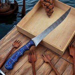 Custom Handmade Damascus Fillet Knife – 12" Exotic Wood Handle by Damascus Knife Store, Damascus knife detail photo 2