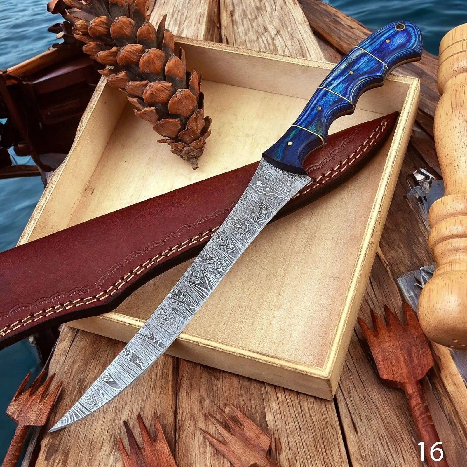 Custom Handmade Damascus Fillet Knife – 12" Exotic Wood Handle by Damascus Knife Store, Damascus knife detail photo 4