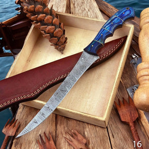 Custom Handmade Damascus Fillet Knife – 12" Exotic Wood Handle by Damascus Knife Store, Damascus knife detail photo 4