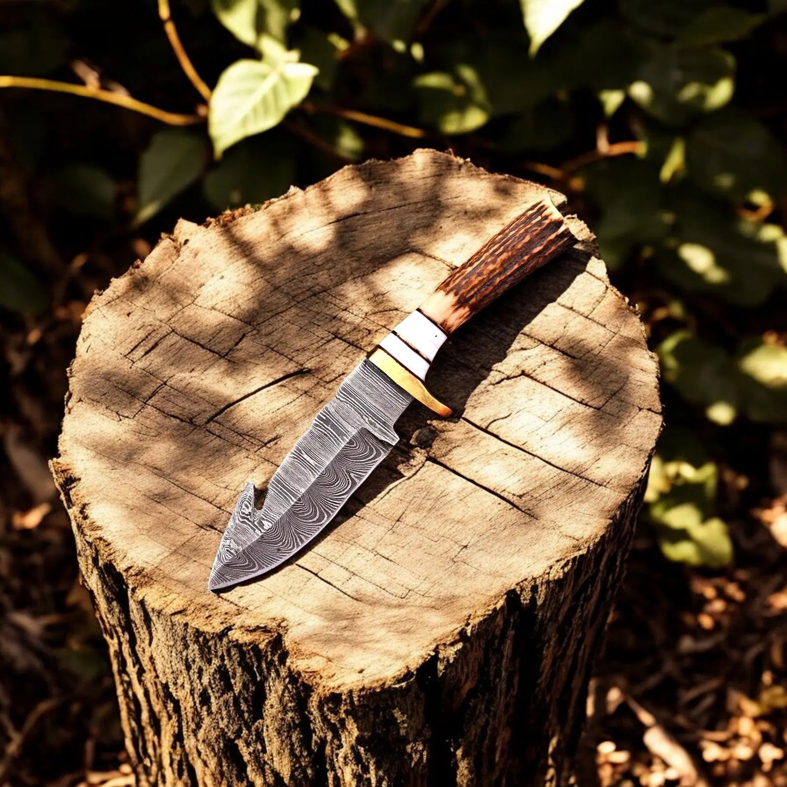 Custom Handmade Damascus Hunting Knife – 8" with Antler Handle by Damascus Knife Store, Damascus knife main product photo