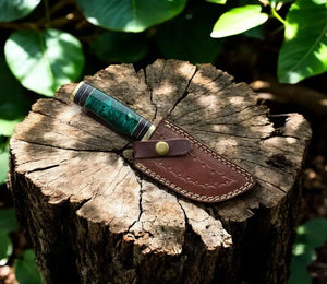 Custom Handmade Damascus Hunting Knife – 8" with Sheath by Damascus Knife Store, leather knife sheath detail photo 2
